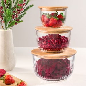 ست کاسه گرد شیار دار درب چوبی لیمون 221259