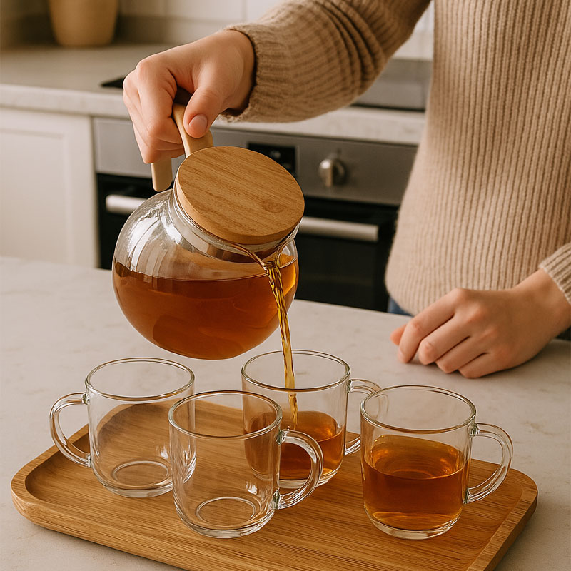 خرید قوری پیرکس درب چوبی هپی هوم